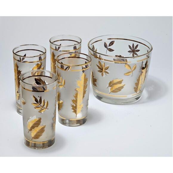 Libbey Gold Leaf Ice Bucket & 4 Glasses - Picture 3 of 3
